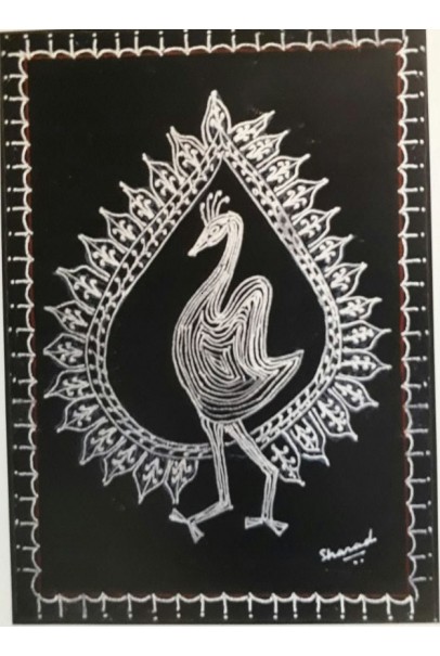silver peackock Warli art (Canvas) with frame (8"X12")